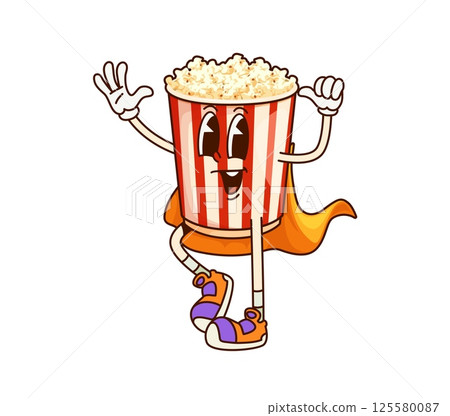 Cartoon groovy popcorn bucket fast food character wearing superhero or wizard cape. Vector funny pop corn box retro y2k personage with cute smiling face. Tasty snack for cinema with positive emotion Cartoon groovy popcorn bucket fast food character wearing superhero or wizard cape. Vector funny pop corn box retro y2k personage with cute smiling face. Tasty snack for cinema with positive emotion 125580087