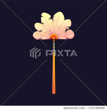 Ancient Egyptian flabellum fan, Egypt game icon, treasure asset featuring wooden handle and soft feathers. Isolated cartoon vector regal object symbolizes authority, luxury and ceremonial significance 125580089