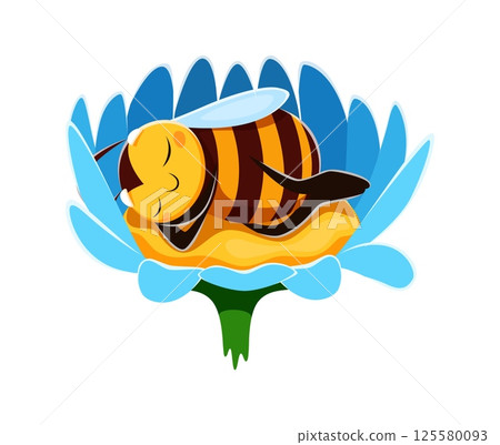 Honey bee character sleeping on flower. Cartoon vector cute bee peacefully napping on garden blossom with soft blue petals. Adorable calm and relaxing insect personage with closed eyes Honey bee character sleeping on flower. Cartoon vector cute bee peacefully napping on garden blossom with soft blue petals. Adorable calm and relaxing insect personage with closed eyes 125580093