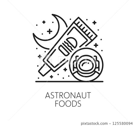 Line galaxy space icon representing astronaut food with a squeezable space food tube, an cosmonaut helmet, stars and a crescent moon. Vector black linear symbol for education or astronomy science 125580094