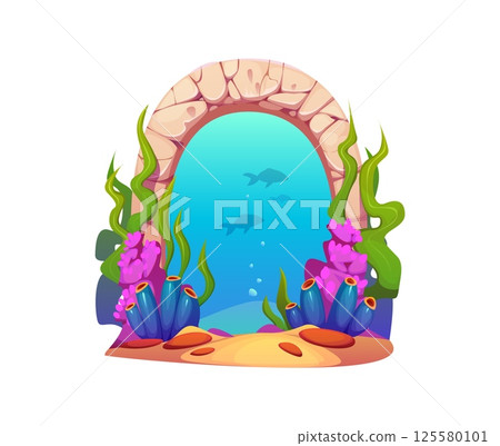 Underwater stone gate or door of game magic portal. Vector fantasy sea world entrance with cartoon rock arch, corals and seaweeds, blue water and fish. Fantasy magic underwater portal game asset Underwater stone gate or door of game magic portal. Vector fantasy sea world entrance with cartoon rock arch, corals and seaweeds, blue water and fish. Fantasy magic underwater portal game asset 125580101