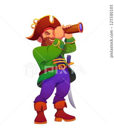 Cartoon pirate corsair character peers intently through a spyglass. Isolated vector sea sailor, captain or marine rover personage with saber, tricorn hat, boots and mischievous grin under bushy beard 125580105