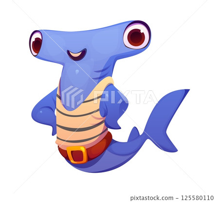 Cartoon hammerhead shark sea animal pirate and corsair sailor character with a wide smile, and striped singlet. Vector marine predator, underwater filibuster personage ready for oceanic adventures Cartoon hammerhead shark sea animal pirate and corsair sailor character with a wide smile, and striped singlet. Vector marine predator, underwater filibuster personage ready for oceanic adventures 125580110