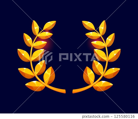 Cartoon laurel wreath badge or frame with golden branches and leaves. Game winner award, prize and champion medal vector UI asset icon with golden laurel branches wreath, trophy heraldic gold frame Cartoon laurel wreath badge or frame with golden branches and leaves. Game winner award, prize and champion medal vector UI asset icon with golden laurel branches wreath, trophy heraldic gold frame 125580116