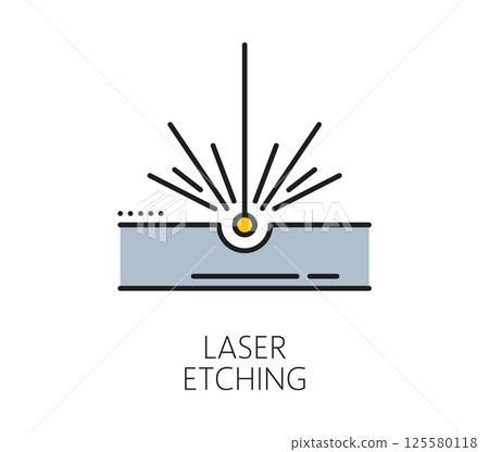 Laser etching line icon depicting focused laser beam engraving metal surface. Isolated vector linear stroke sign representing industrial laser etching process used for precision engraving and marking 125580118