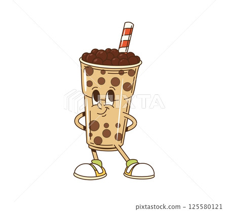 Groovy bubble tea drink character in retro cartoon with funny face, vector comic personage. Groovy bubble tea cup of chocolate or cocoa milk and drinking straw, funky happy character for emoji Groovy bubble tea drink character in retro cartoon with funny face, vector comic personage. Groovy bubble tea cup of chocolate or cocoa milk and drinking straw, funky happy character for emoji 125580121