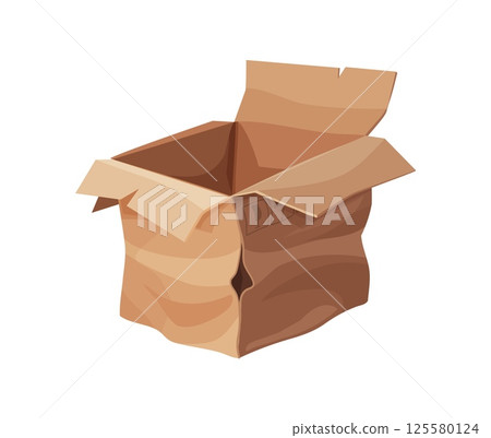 Damaged and dirty cargo cardboard box. Ripped wet cardboard paper parcel, destroyed dirty isolated cartoon vector shipping box. Damaged crumpled cargo package or broken crushed delivery container 125580124