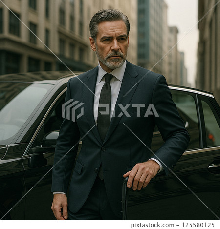 一位老練的精英商人從一輛豪華轎車中走出來。 125580125