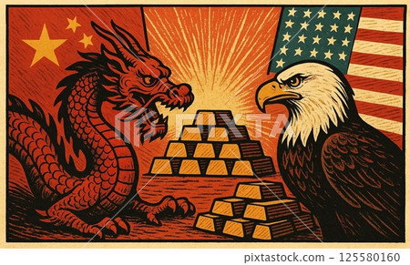 US vs China Economic Rivalry  Propaganda Style Illustration 125580160