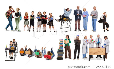 Collage of students of different ages and educators standing with books, showing continuity of educational development. Collage of students of different ages and educators standing with books, showing continuity of educational development. 125580170