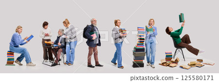 Collage of older adults reading and learning with books 125580171