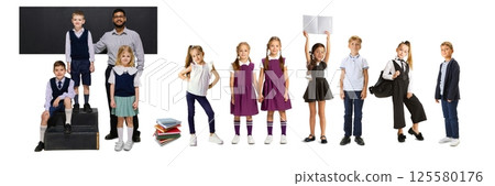 Collage made of teacher with smiling elementary school children, dressed in uniforms, showcasing excitement about learning. Collage made of teacher with smiling elementary school children, dressed in uniforms, showcasing excitement about learning. 125580176