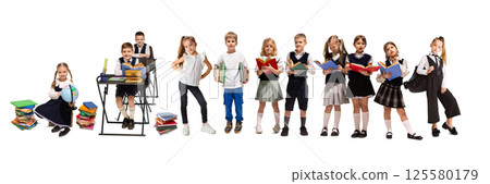 Collage of diverse school children, boys and girls holding books, studying against white background. Curiosity and early education process. 125580179
