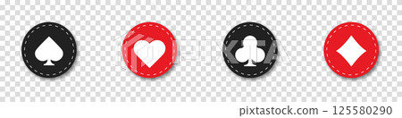 Hearts, clubs, diamonds and spades icon on an isolated transparent background. Set collection gambling sign symbol of playing card suits and chips for poker and casino. 125580290