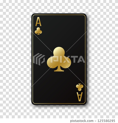 A black card with a gold plated card suit. Ace of clubs on a transparent background. Vector illustration. 125580295