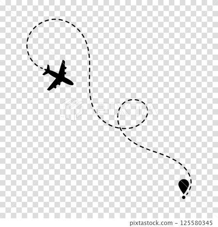Airplane route plane path. Travel concept. Dotted path airplane. Aircraft tracking. Vector illustration on a transparent background. 125580345