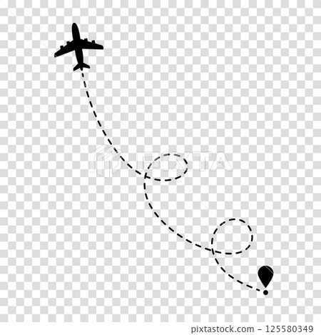 Airplane route plane path. Travel concept. Dotted path airplane. Aircraft tracking. Vector illustration on a transparent background. 125580349