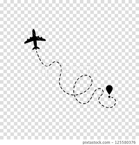 Airplane route plane path. Travel concept. Dotted path airplane. Aircraft tracking. Vector illustration on a transparent background. 125580376