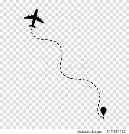Airplane route plane path. Travel concept. Dotted path airplane. Aircraft tracking. Vector illustration on a transparent background. Airplane route plane path. Travel concept. Dotted path airplane. Aircraft tracking. Vector illustration on a transparent background. 125580382