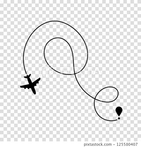 Airplane route plane path. Travel concept. Aircraft tracking. Vector illustration on a transparent background. 125580407