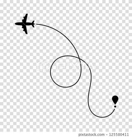 Airplane route plane path. Travel concept. Aircraft tracking. Vector illustration on a transparent background. 125580411