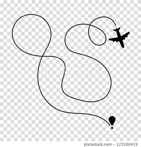 Airplane route plane path. Travel concept. Aircraft tracking. Vector illustration on a transparent background. Airplane route plane path. Travel concept. Aircraft tracking. Vector illustration on a transparent background. 125580419