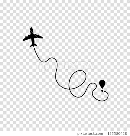 Airplane route plane path. Travel concept. Aircraft tracking. Vector illustration on a transparent background. 125580428