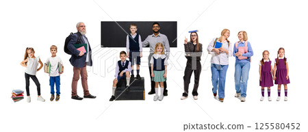 Collage of students and teachers engaging in various educational activities, showing learning environment on white background. 125580452