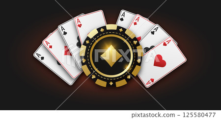 Gambling golden token with suit diamonds. Banner for web app or site. Concept poker or casino. Realistic playing chip diamonds and playing ace cards of all suits. Vector poster for championship. Gambling golden token with suit diamonds. Banner for web app or site. Concept poker or casino. Realistic playing chip diamonds and playing ace cards of all suits. Vector poster for championship. 125580477