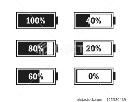 Level battery energy icon set. Powerfully full and power low up status batteries. Energy reusing concept. Alkaline tags. Battery charging point, charge indicator. Mobile plug. Vector illustration. 125580489