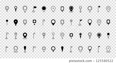 Set black location pin icon. Map pin place marker. Destination symbol. Modern Map marker pointer logo icon set. GPS pin symbol collection. Flat style. Vector illustration on transparent background. 125580522