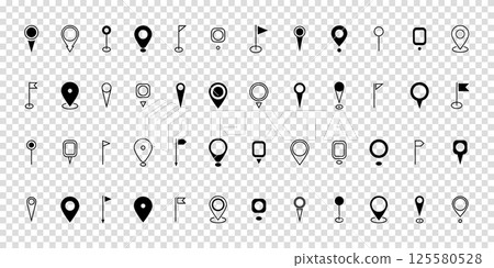 Set black location pin icon. Map pin place marker. Destination symbol. Modern Map marker pointer logo icon set. GPS pin symbol collection. Flat style. Vector illustration on transparent background. 125580528