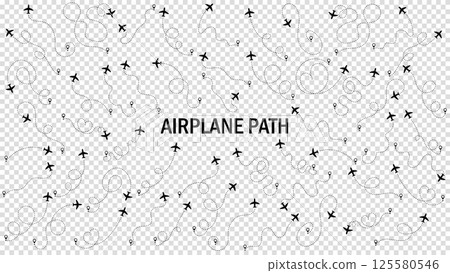 Airplane or aeroplane routes path set. Travel concept from start point and dotted line tracing. Aircraft tracking, plane path, travel, map pins, location pins. Vector illustration. Transparent bg. 125580546