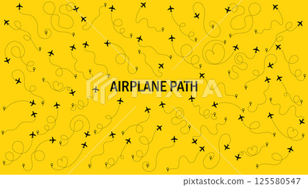Aircraft tracking, plane path, travel, map pins, location pins. Airplane or aeroplane routes path set. Travel concept from start point and dotted line tracing. Vector illustration. Yellow background. 125580547