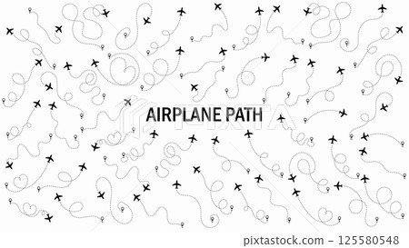 Airplane or aeroplane routes path set. Travel concept from start point and dotted line tracing. Aircraft tracking, plane path, travel, map pins, location pins. Vector illustration. White background. 125580548
