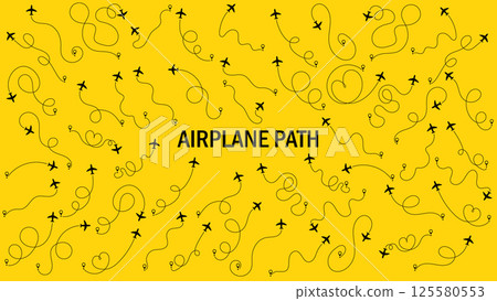 Aircraft tracking, plane path, travel, map pins, location pins. Airplane or aeroplane routes path set. Travel concept from start point and dotted line tracing. Vector illustration. Yellow background. Aircraft tracking, plane path, travel, map pins, location pins. Airplane or aeroplane routes path set. Travel concept from start point and dotted line tracing. Vector illustration. Yellow background. 125580553
