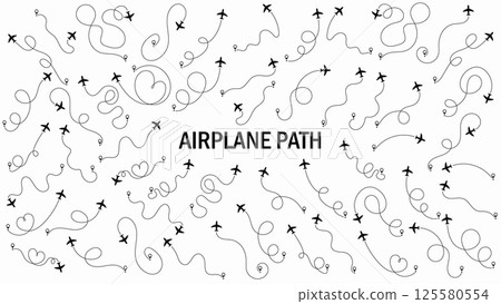 Airplane or aeroplane routes path set. Travel concept from start point and dotted line tracing. Aircraft tracking, plane path, travel, map pins, location pins. Vector illustration. White background. 125580554