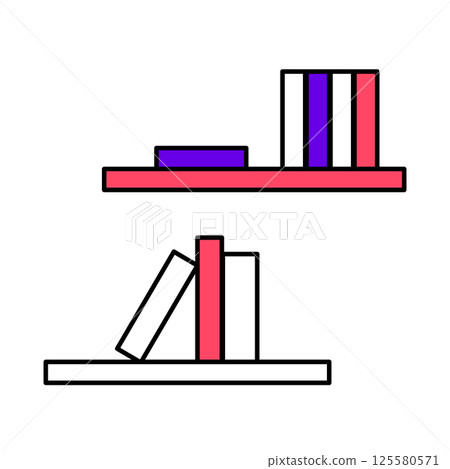 Book spines on a bookshelf in flat style. Stack of books and magazines. Home library. Vector clipart. Bookcase. 125580571