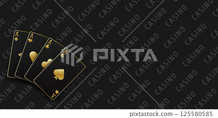 Black casino table background. A hand fan of playing cards consisting Ace of Spades, Diamonds, Clubs, Hearts. Vector illustration Casino of all the aces. 125580585