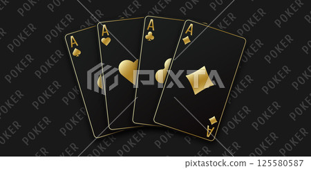 A hand fan of playing cards consisting Ace of Spades, Diamonds, Clubs, Hearts. Vector illustration poker of all the aces. Black poker table background. A hand fan of playing cards consisting Ace of Spades, Diamonds, Clubs, Hearts. Vector illustration poker of all the aces. Black poker table background. 125580587