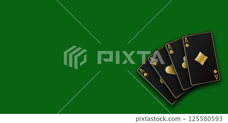 Green Poker or Casino table background. A hand fanned of playing cards consisting Ace of Spades, Diamonds, Clubs, Hearts. Vector illustration Casino or Poker of all the aces. Green Poker or Casino table background. A hand fanned of playing cards consisting Ace of Spades, Diamonds, Clubs, Hearts. Vector illustration Casino or Poker of all the aces. 125580593