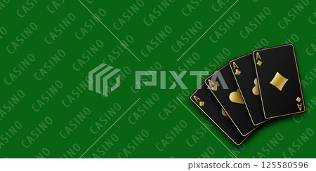 Green Casino table background. A hand fanned of playing cards consisting Ace of Spades, Diamonds, Clubs, Hearts. Vector illustration Casino of all the aces. Green Casino table background. A hand fanned of playing cards consisting Ace of Spades, Diamonds, Clubs, Hearts. Vector illustration Casino of all the aces. 125580596