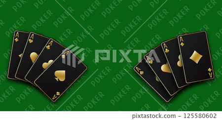 Green Poker table background. A hand fanned of playing cards consisting Ace of Spades, Diamonds, Clubs, Hearts. Vector illustration Poker of all the aces. 125580602