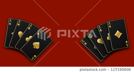 Red Poker or Casino table background. A hand fanned of playing cards consisting Ace of Spades, Diamonds, Clubs, Hearts. Vector illustration Casino of all the aces. Red Poker or Casino table background. A hand fanned of playing cards consisting Ace of Spades, Diamonds, Clubs, Hearts. Vector illustration Casino of all the aces. 125580606