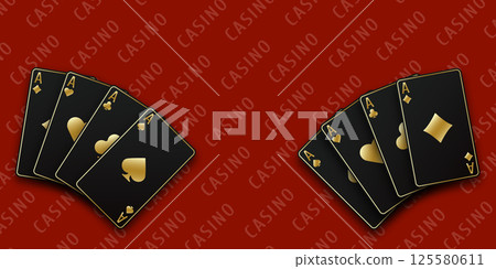 A hand fanned of playing cards consisting Ace of Spades, Diamonds, Clubs, Hearts. Vector illustration Casino of all the aces. Red Casino table background. A hand fanned of playing cards consisting Ace of Spades, Diamonds, Clubs, Hearts. Vector illustration Casino of all the aces. Red Casino table background. 125580611