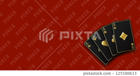 A hand fanned of playing cards consisting Ace of Spades, Diamonds, Clubs, Hearts. Red Poker table background. Vector illustration Poker of all the aces. A hand fanned of playing cards consisting Ace of Spades, Diamonds, Clubs, Hearts. Red Poker table background. Vector illustration Poker of all the aces. 125580613