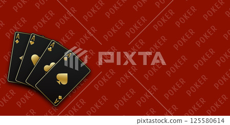 Red Poker table background. Vector illustration Poker of all the aces. A hand fanned of playing cards consisting Ace of Spades, Diamonds, Clubs, Hearts. 125580614