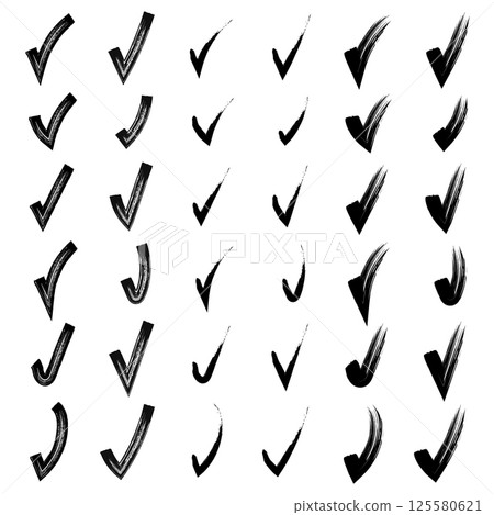 Brush hand drawn painted checkmarks set collection. Pencil black scribble sketches isolated on white background. Vector illustration. Collection of hand doodle check marks ticks. 125580621