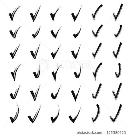 Brush hand drawn painted checkmarks set collection. Collection of hand doodle check marks ticks. Pencil black scribble sketches isolated on white background. Vector illustration. Brush hand drawn painted checkmarks set collection. Collection of hand doodle check marks ticks. Pencil black scribble sketches isolated on white background. Vector illustration. 125580623