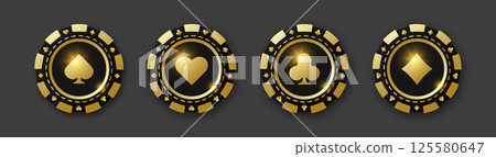 Diamonds, clubs, hearts, spades chips. Set of gold and black poker chips. Gambling tokens with suits for poker and casino. Vector illustration. For game design, advertising web banner and poster. Diamonds, clubs, hearts, spades chips. Set of gold and black poker chips. Gambling tokens with suits for poker and casino. Vector illustration. For game design, advertising web banner and poster. 125580647